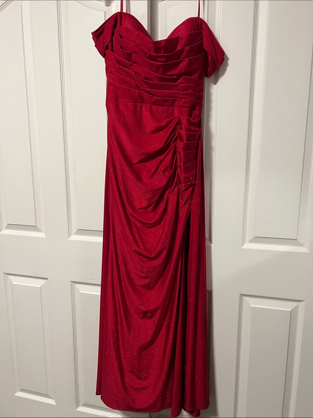 Sparkling Red Off-Shoulder Maxi Dress